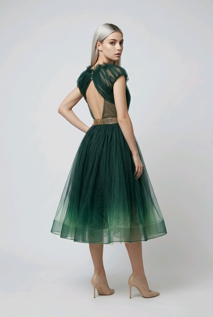DARK GREEN SILK ORGANSA EMBROIDERED COCKTAIL DRESS
