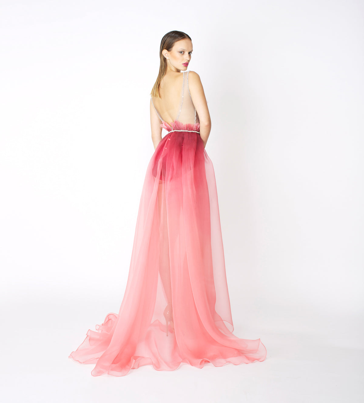 RED PINK SILK ORGANZA LONG GOWN