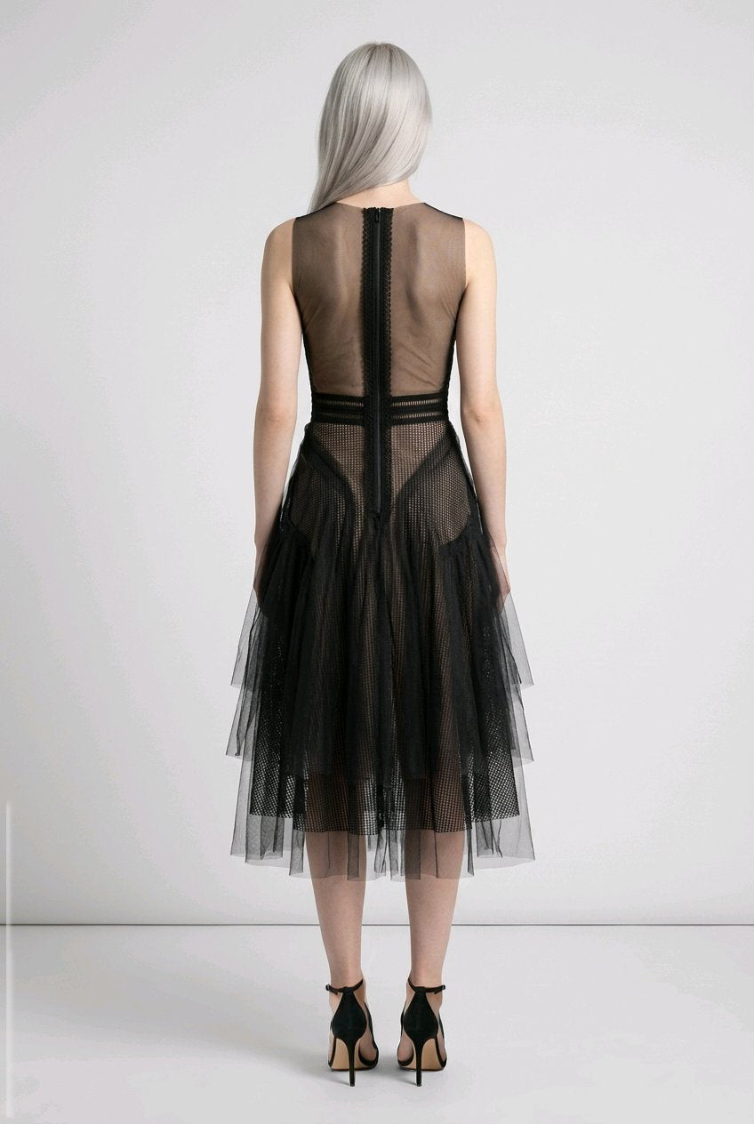 BLACK LACE TULLE MIDI COCKTAIL DRESS