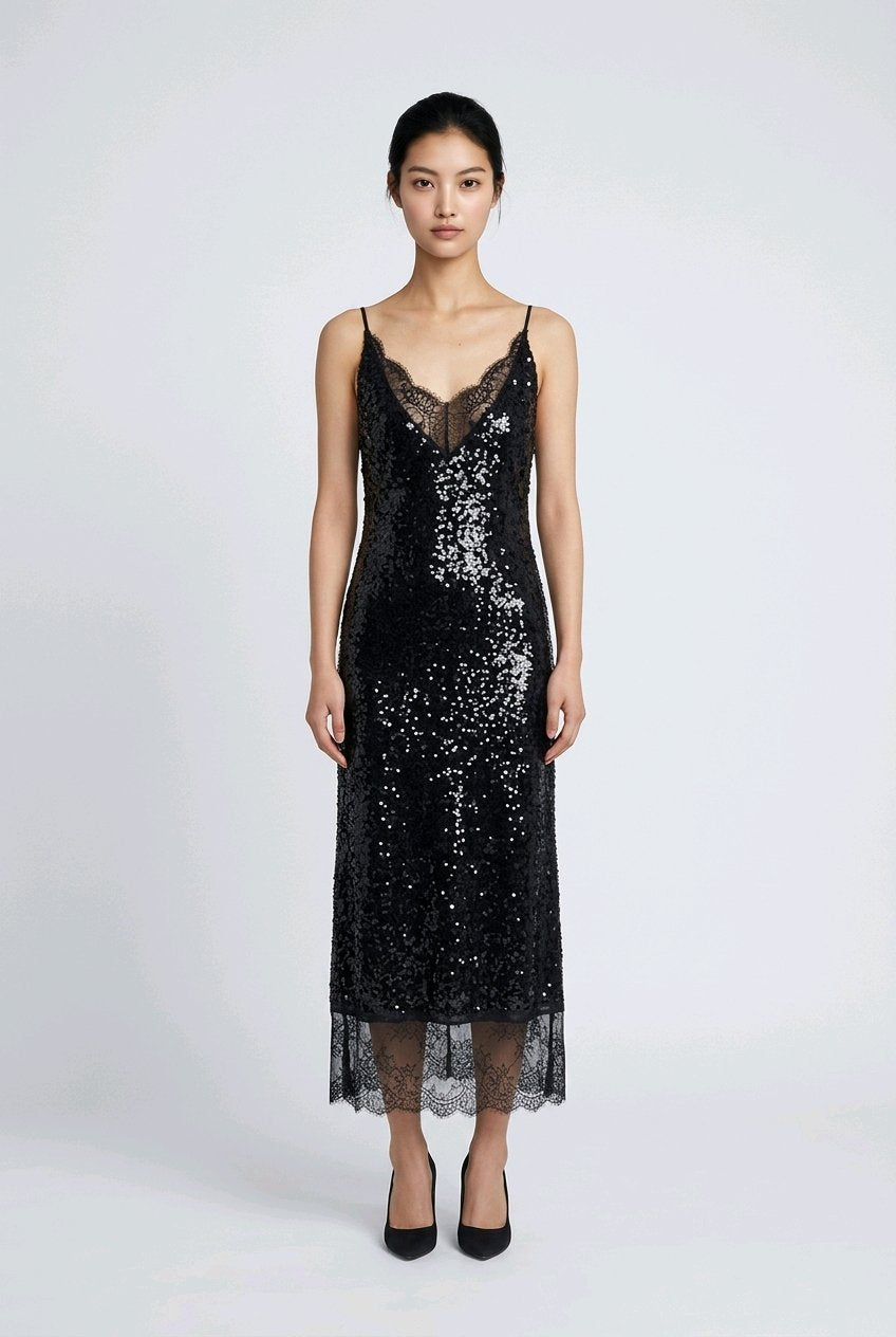BLACK SEQUINS LACE EVENING COCKTAIL DRESS
