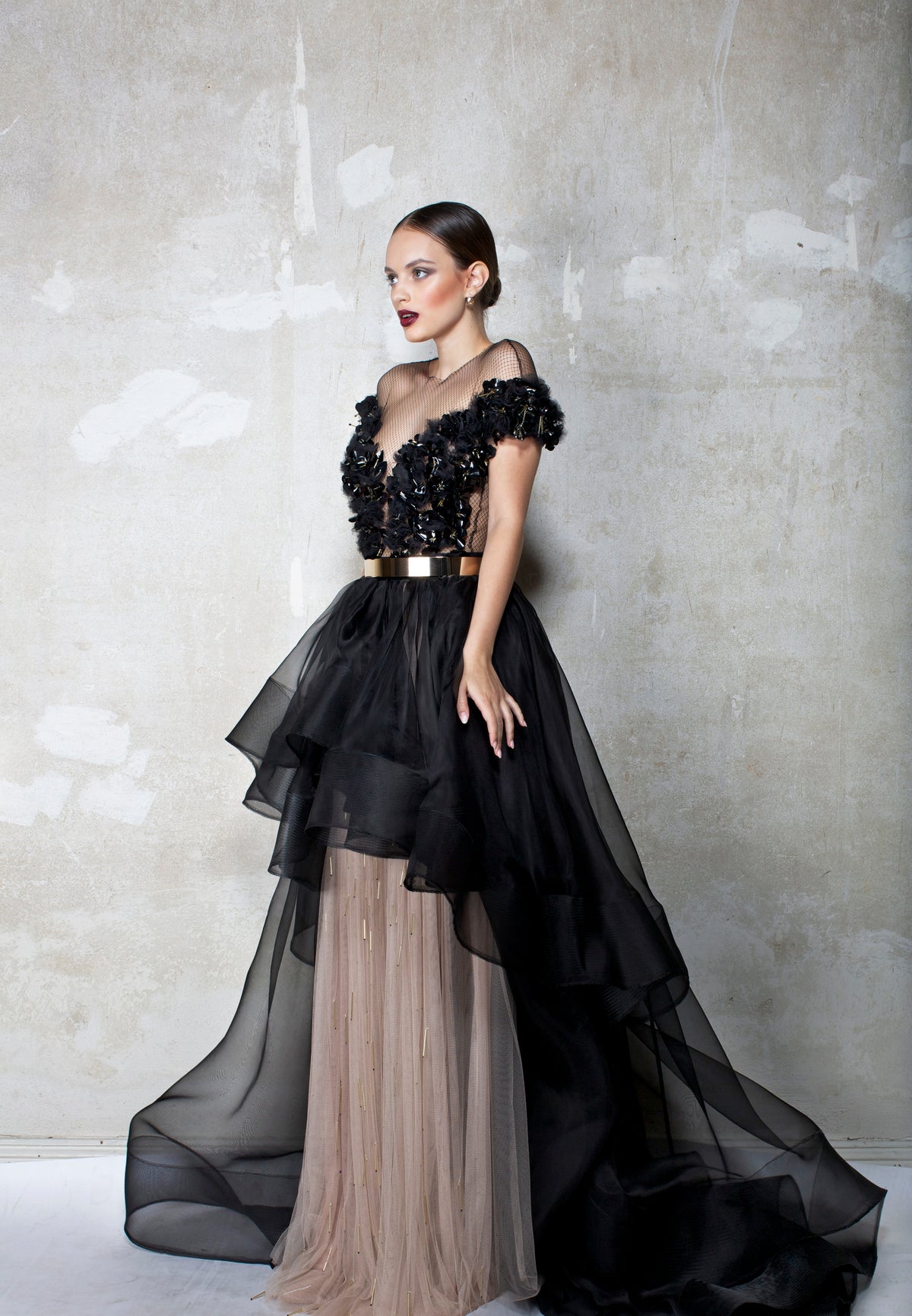 BLACK SILK ORGANZA LACK LEATHER SILK GOWN