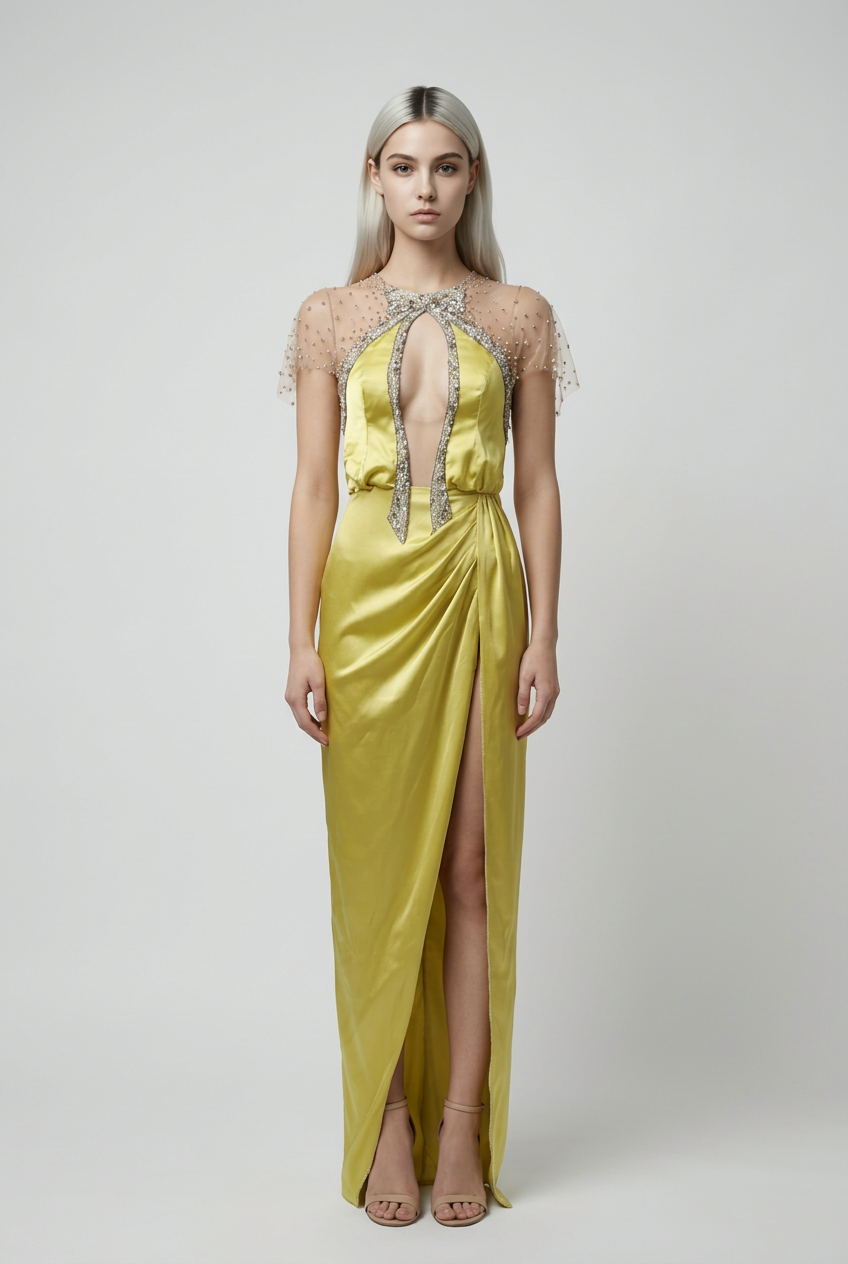 LEMON GREEN SILK SATIN BOW EMBROIDERED LONG DRESS