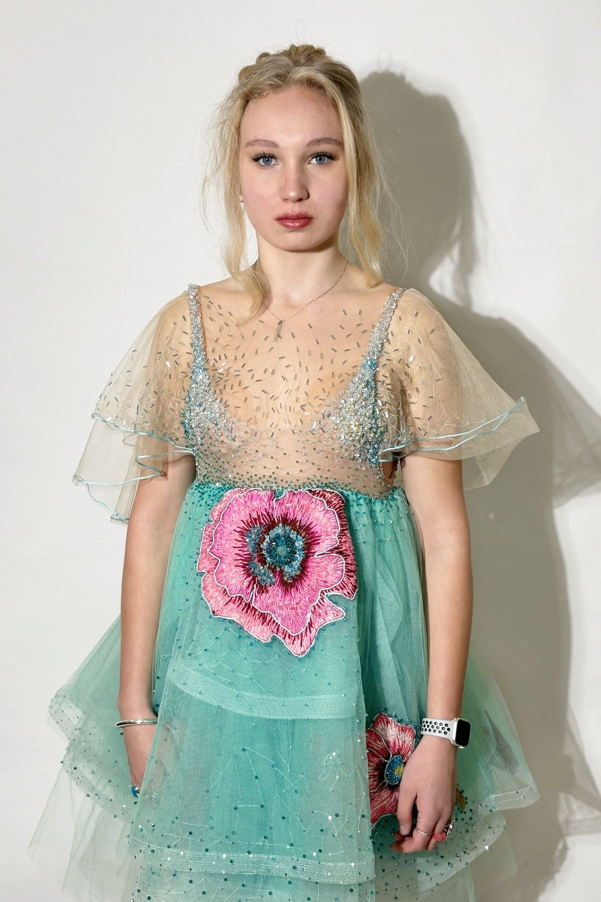 MINT FLOWERS EMBROIDERED MINI COCKTAIL DRESS