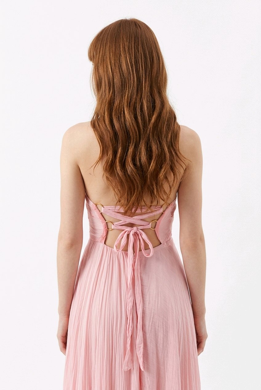 LIGHT PINK SILK CHIFFON PLEATED CORSET COCKTAIL DRESS