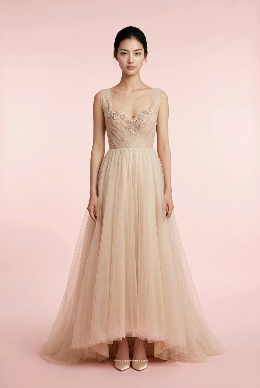 Woman wearing a beige evening gown with intricate detailing.