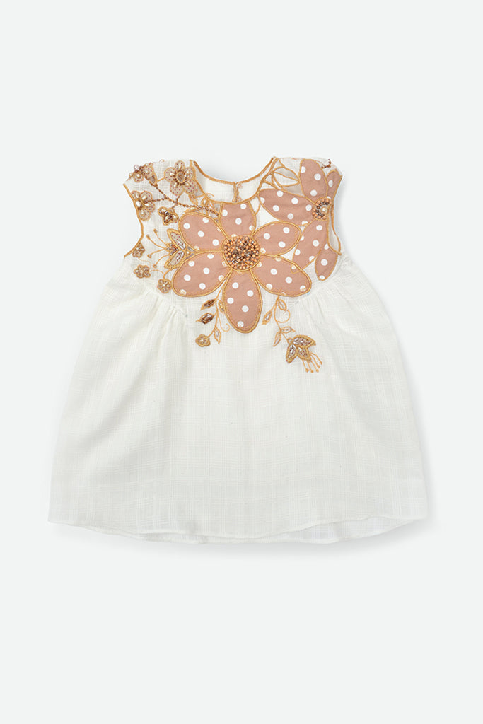 NATURAL WHITE LINEN FLORAL APPLEQUE BABY DRESS