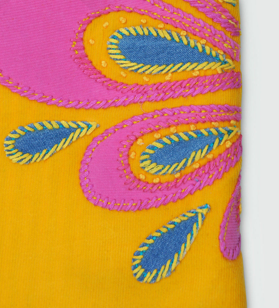 EMBROYDERI YELLOW VELVET-JEANS DRESS