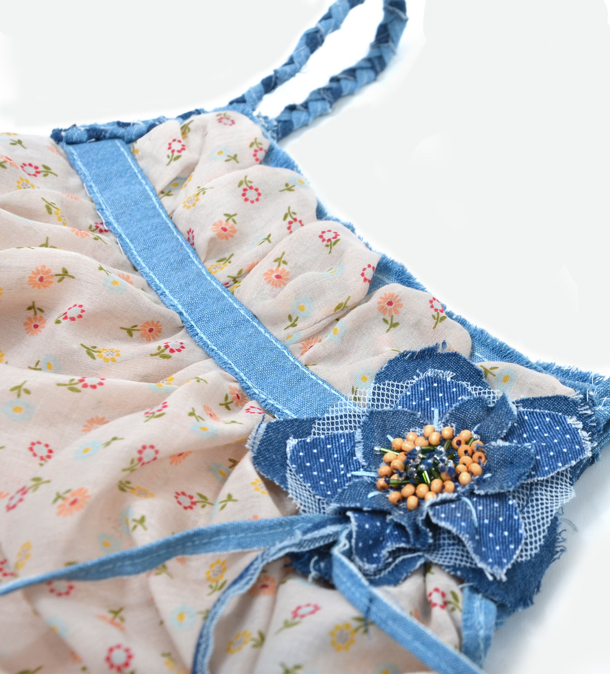 CHIFFON NUDE DENIM FLOWER DRESS