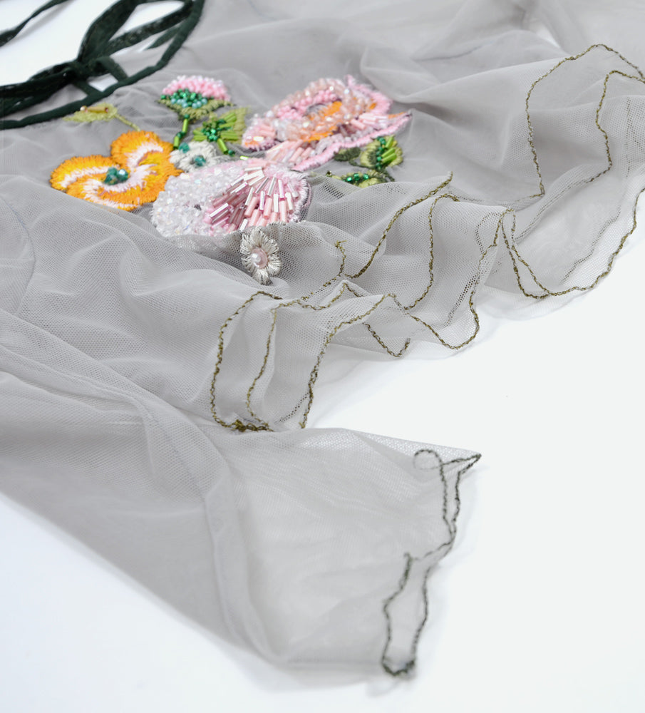 EMBROIDERED TULLE GREY LONG-SLEEVED BLOUSE