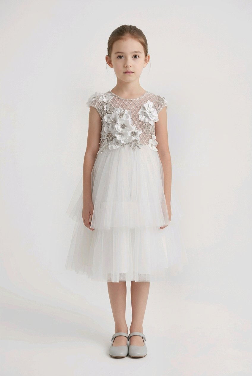 WHITE SILVER FLOWERGIRL DRESS