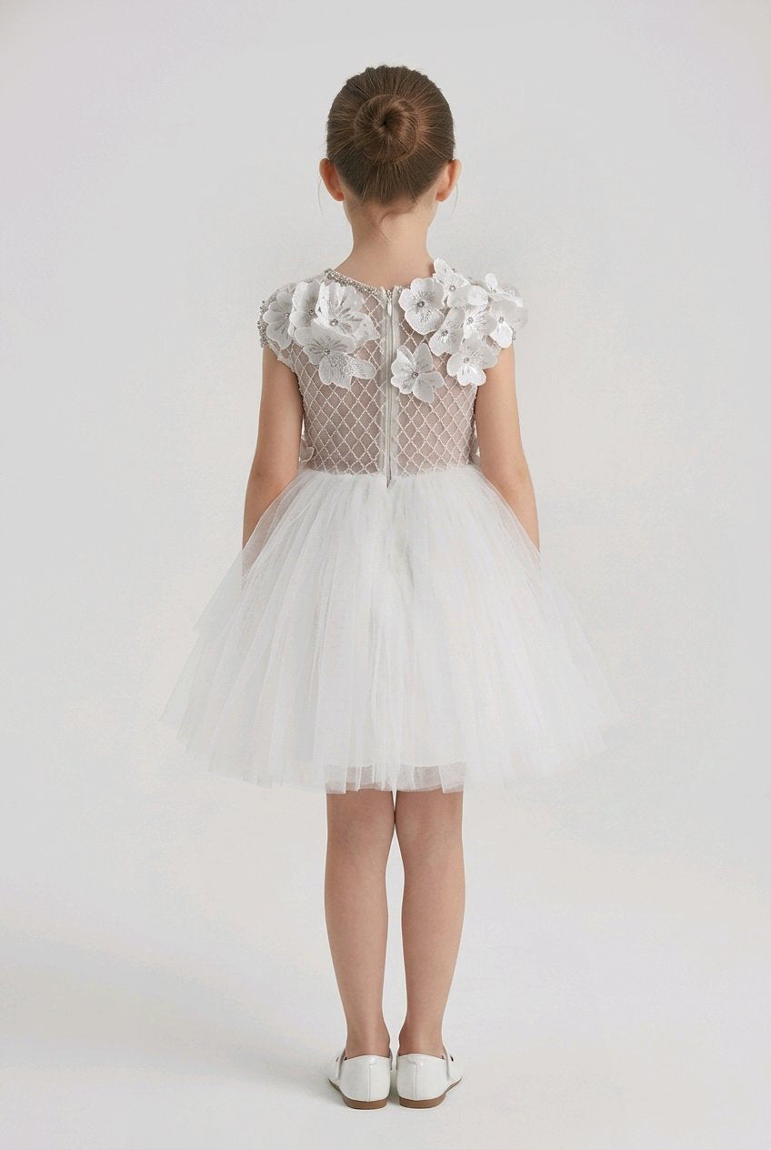 WHITE SILVER FLOWERGIRL DRESS