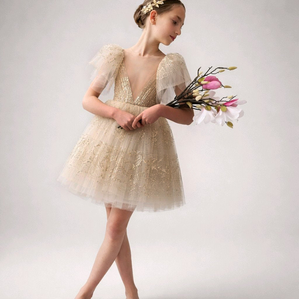 GOLD NUDE FLOWERGIRL DRESS