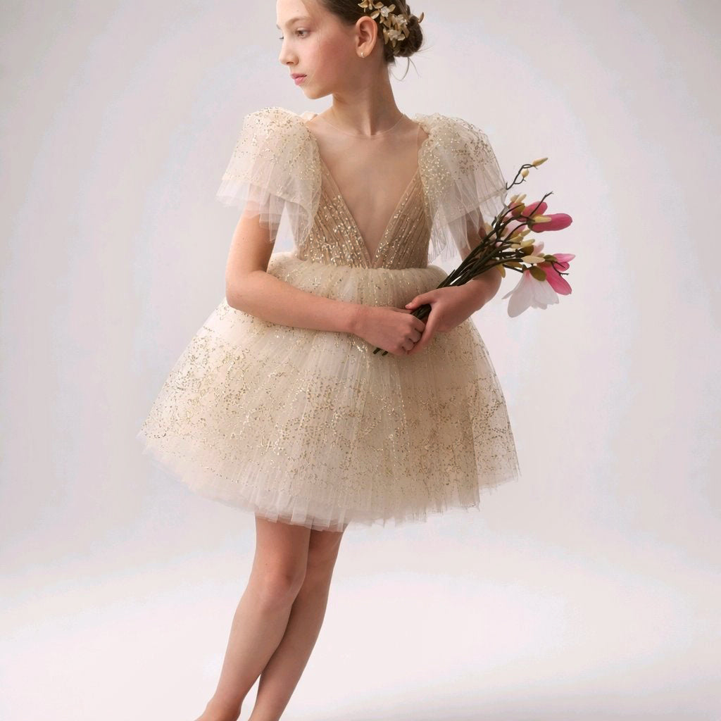 GOLD NUDE FLOWERGIRL DRESS