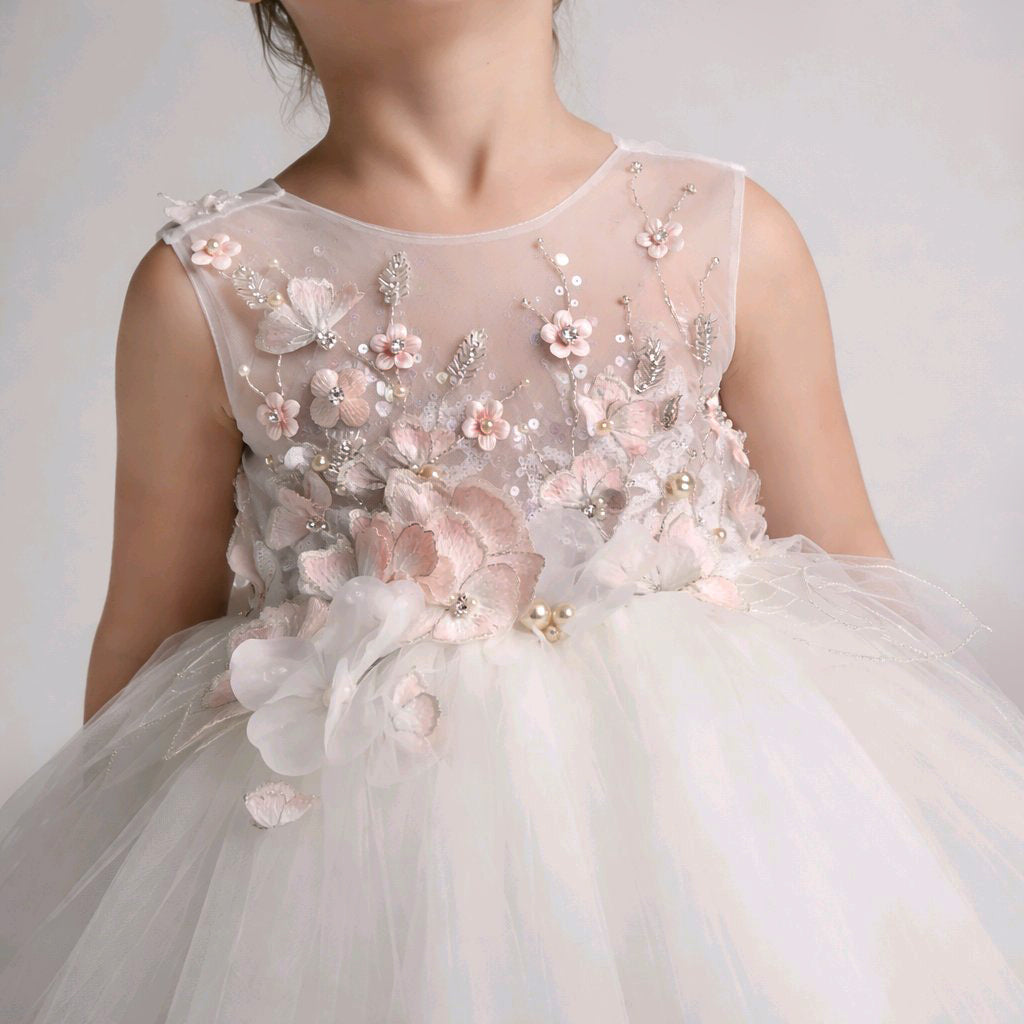 WHITE SILVER FLOWERGIRL DRESS
