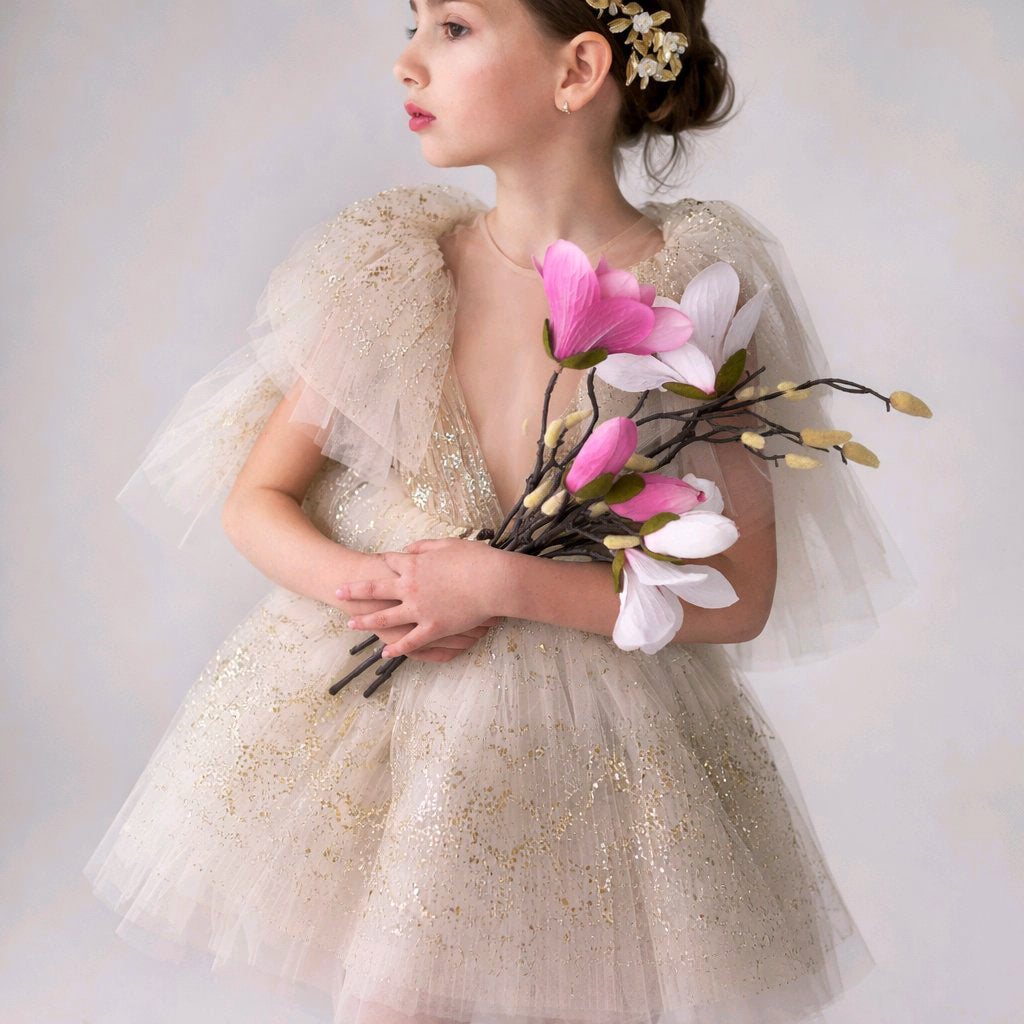 GOLD NUDE FLOWERGIRL DRESS