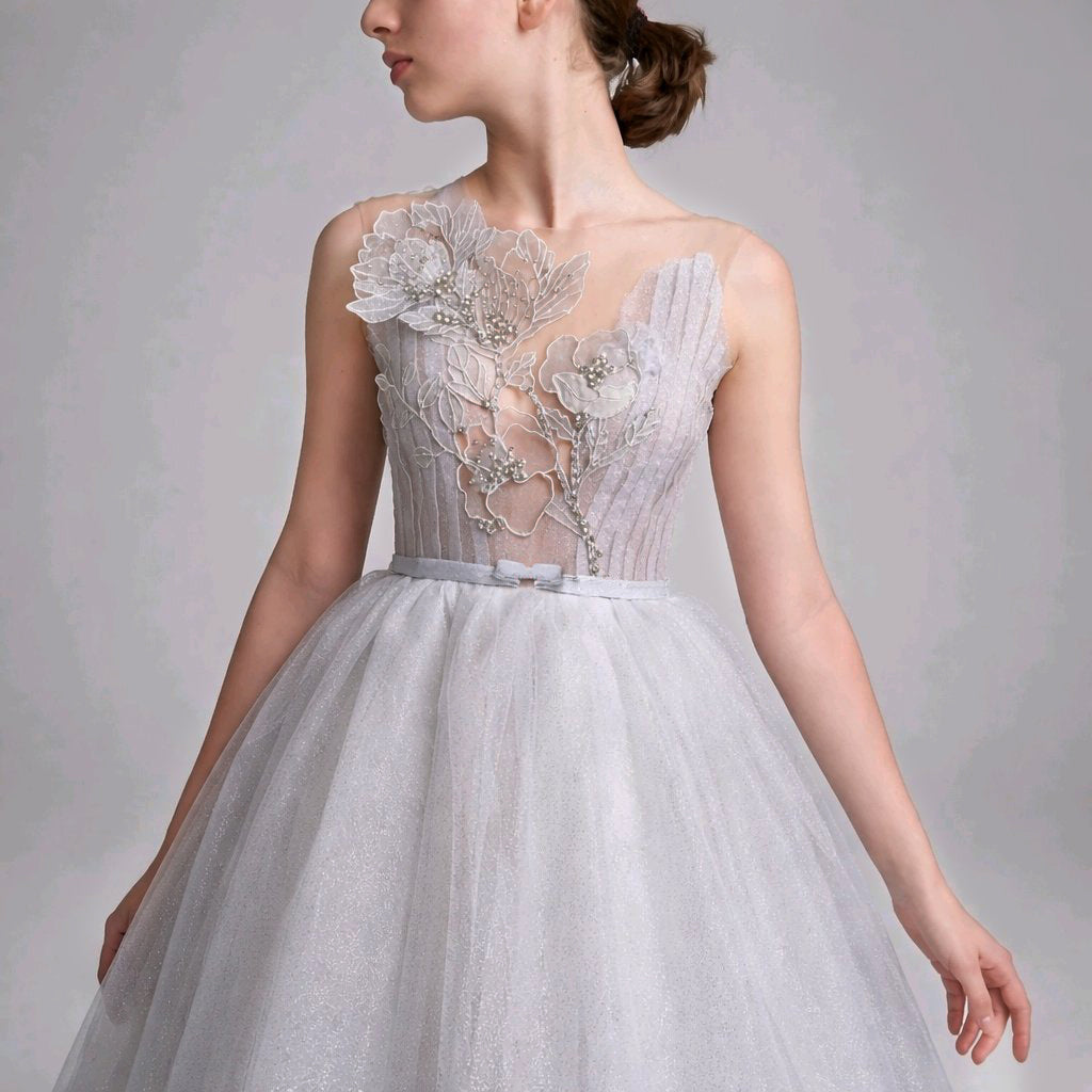 SPAKLE WHITE SILVER FLOWERGIRL DRESS