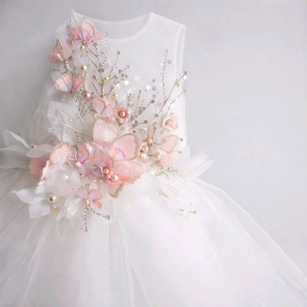 WHITE SILVER FLOWERGIRL DRESS