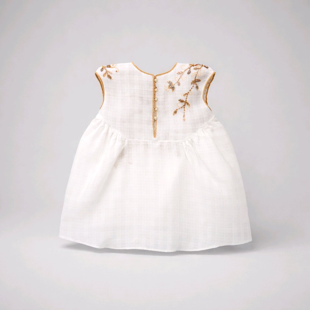 NATURAL WHITE LINEN FLORAL APPLEQUE BABY DRESS