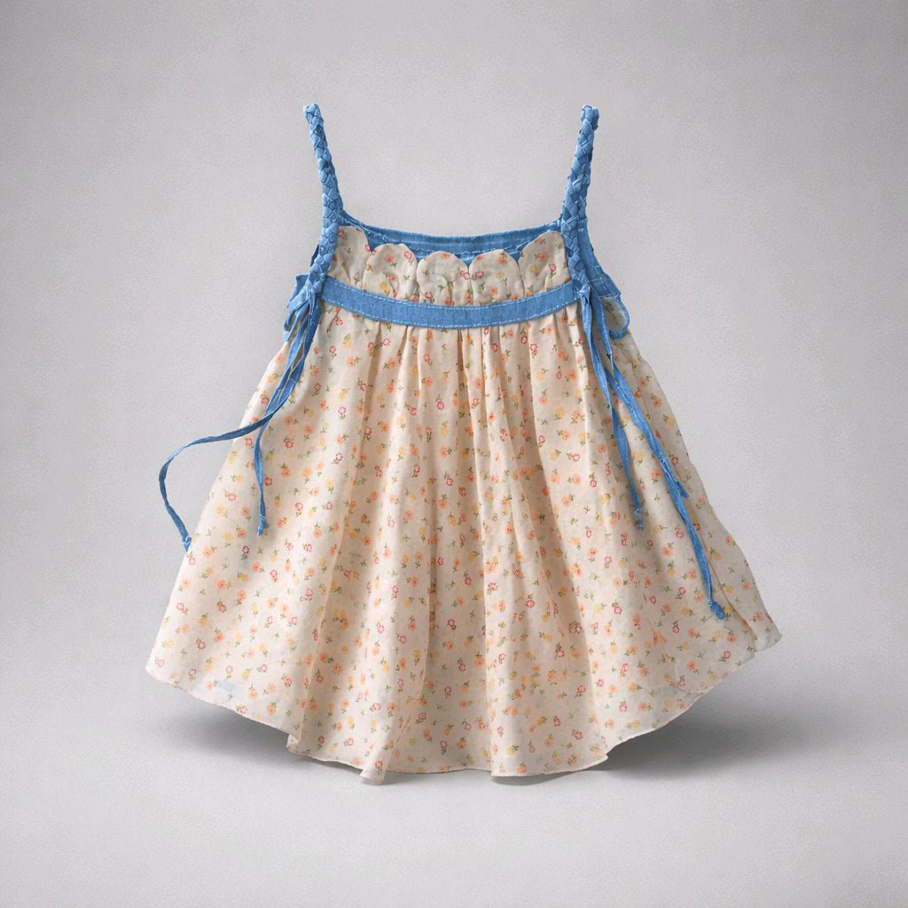 CHIFFON NUDE DENIM FLOWER DRESS