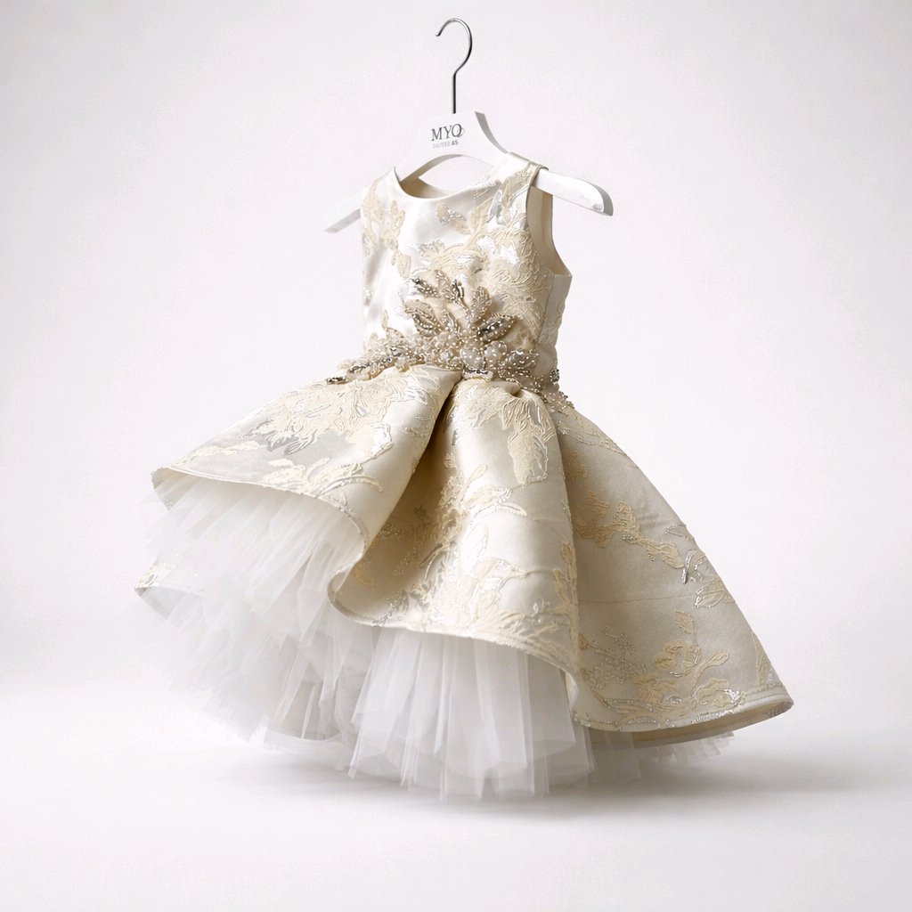 JAQUARD CHAMPAGNE-GOLD BABY DRESS