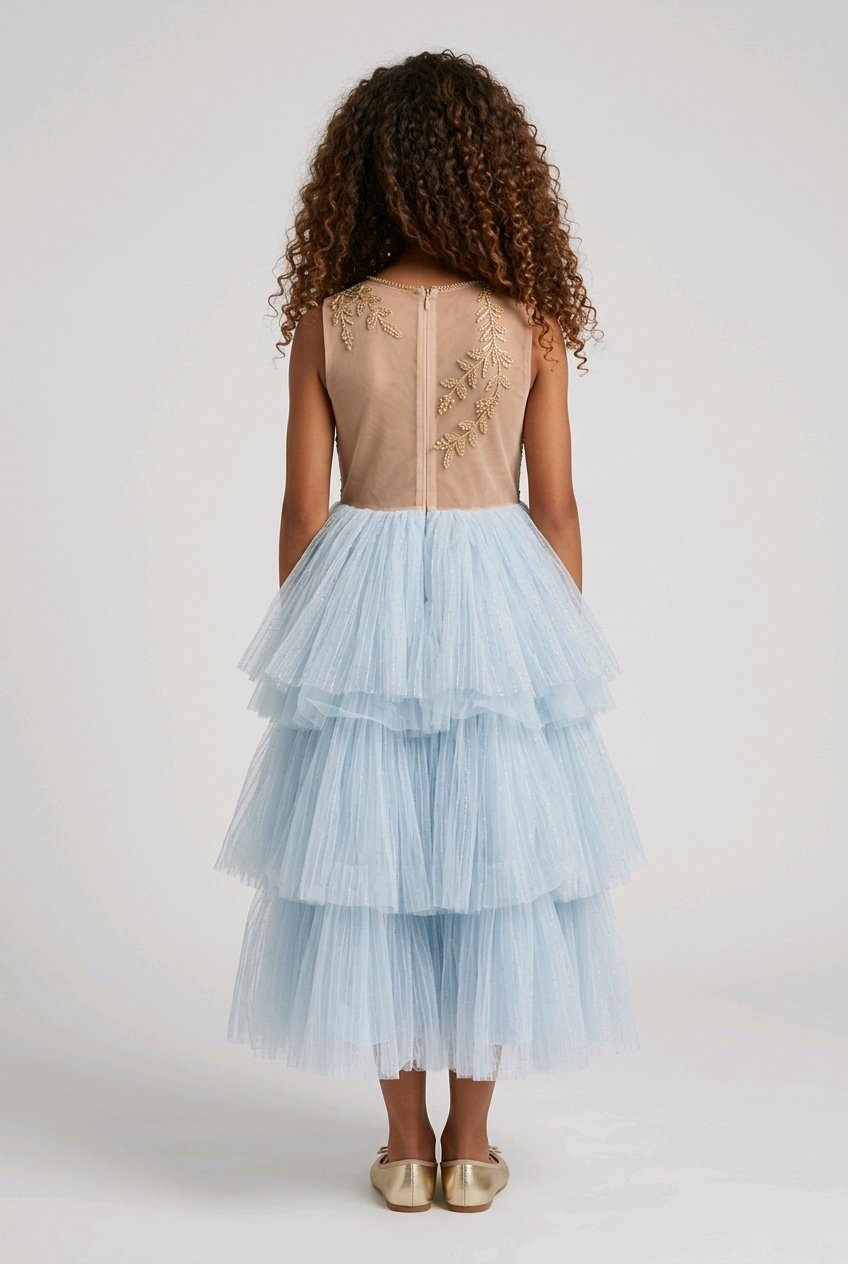 SKY BLUE EMBROIDERED FLOWERGIRL DRESS