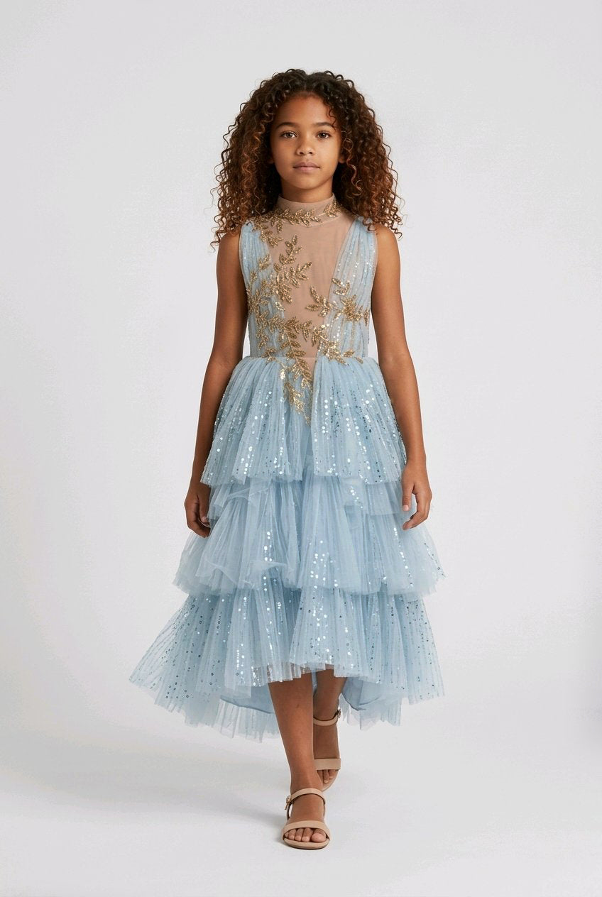 SKY BLUE EMBROIDERED FLOWERGIRL DRESS