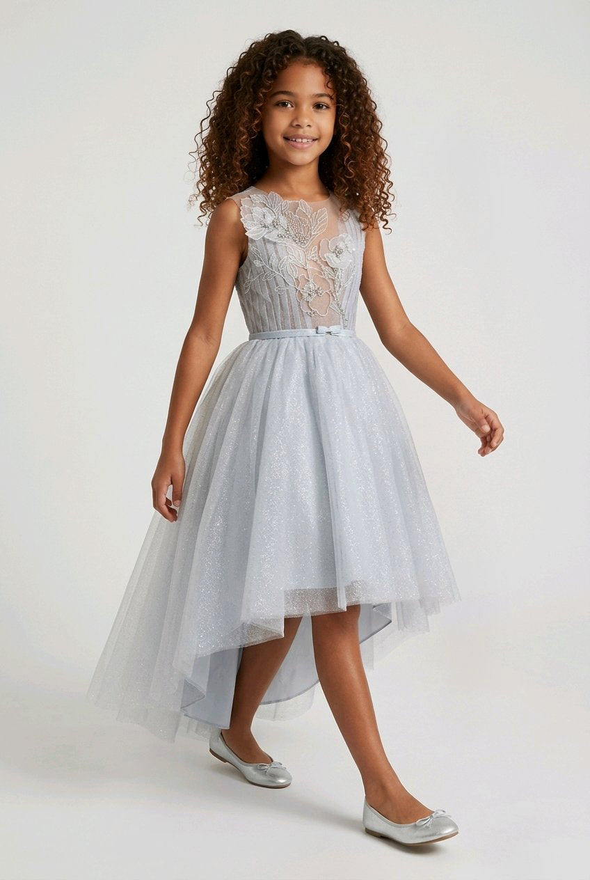 SPAKLE WHITE SILVER FLOWERGIRL DRESS