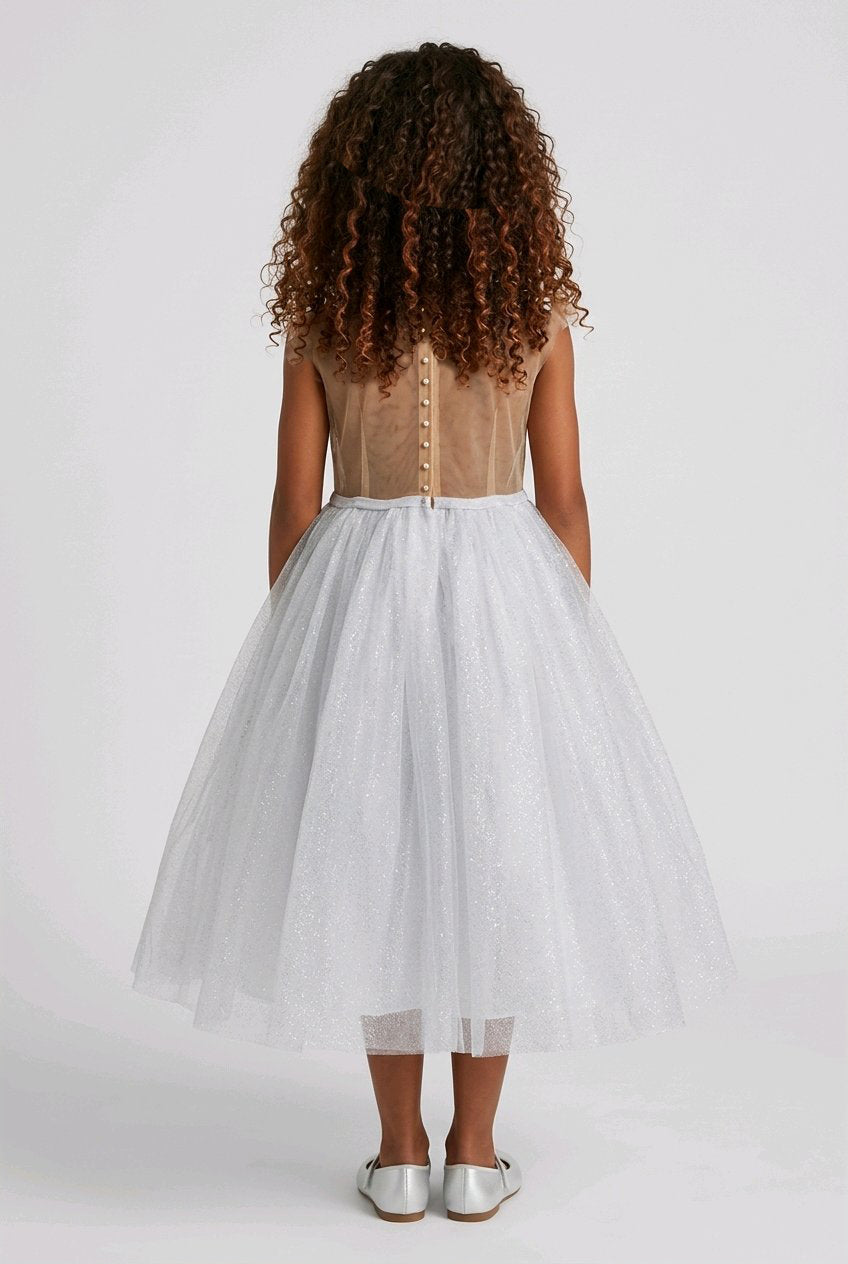 SPAKLE WHITE SILVER FLOWERGIRL DRESS