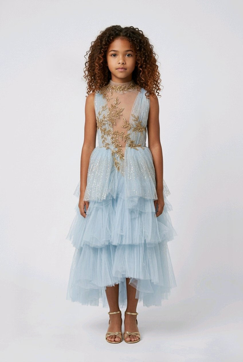 SKY BLUE EMBROIDERED FLOWERGIRL DRESS