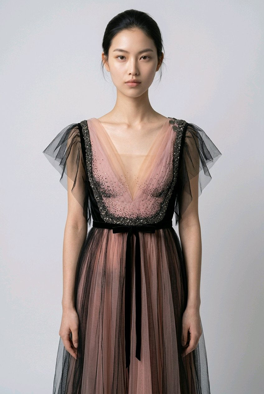 BLACK BLUSH TULLE V NECK  EVENT DRESS