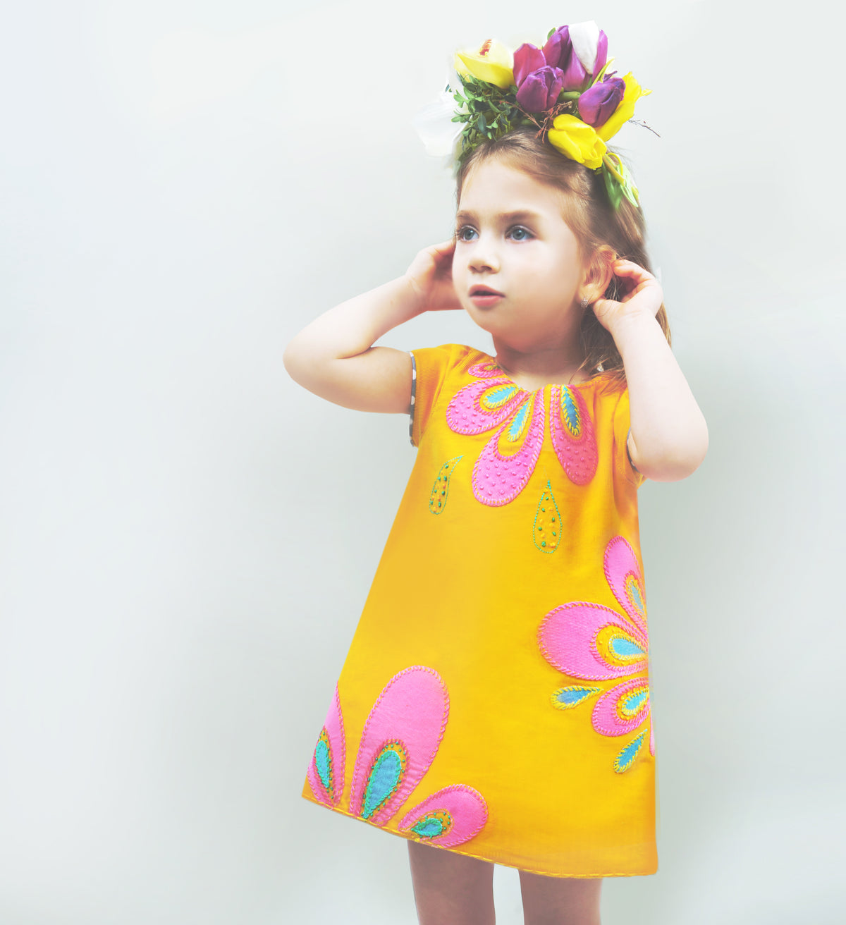 EMBROYDERI YELLOW VELVET-JEANS DRESS