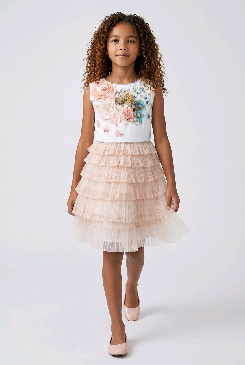 Young girl wearing a floral top and layered skirt.