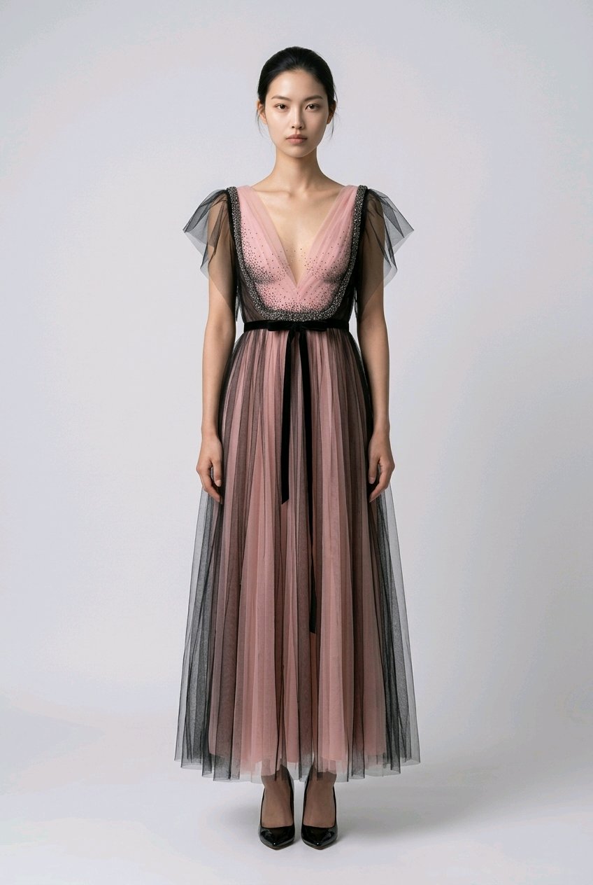 BLACK BLUSH TULLE V NECK  EVENT DRESS
