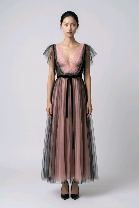 BLACK BLUSH TULLE V NECK  EVENT DRESS