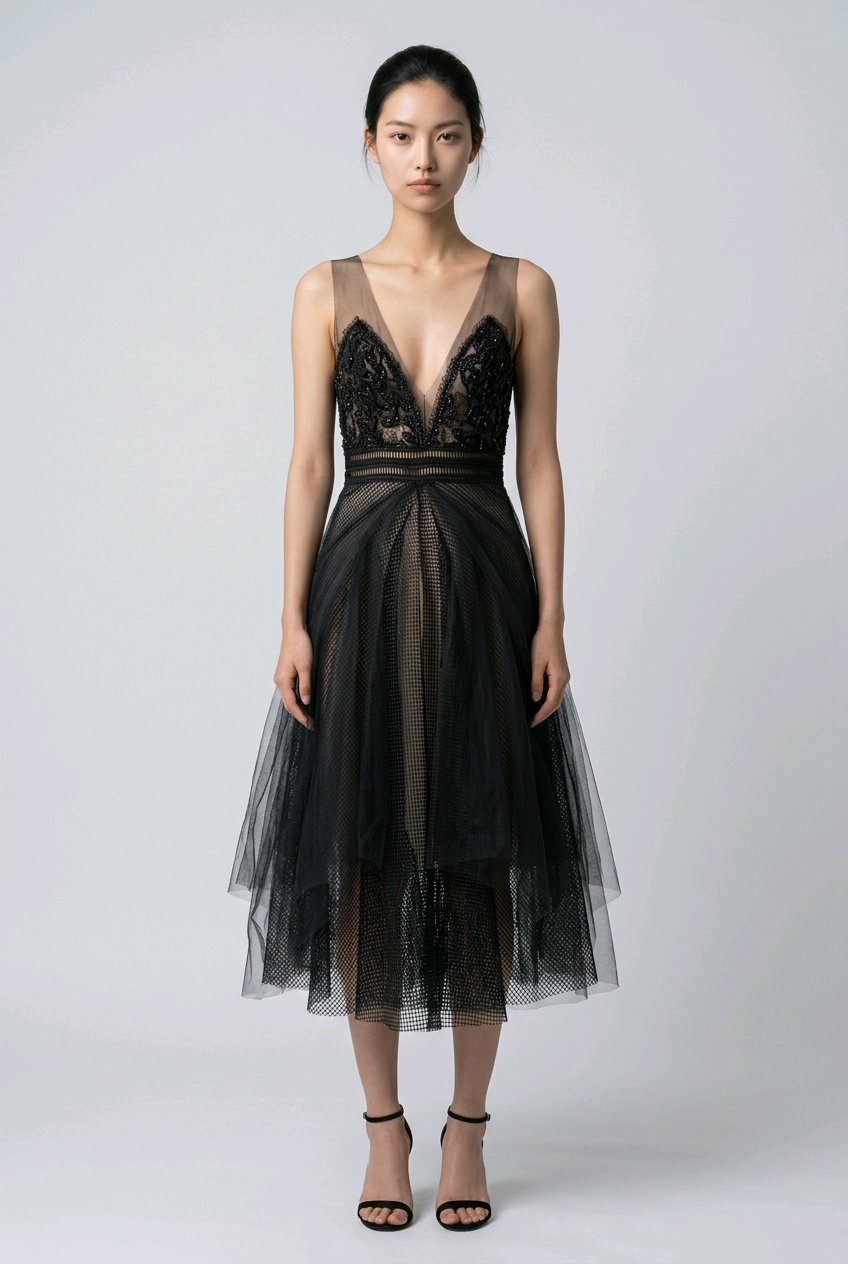 Woman wearing a black lace dress.