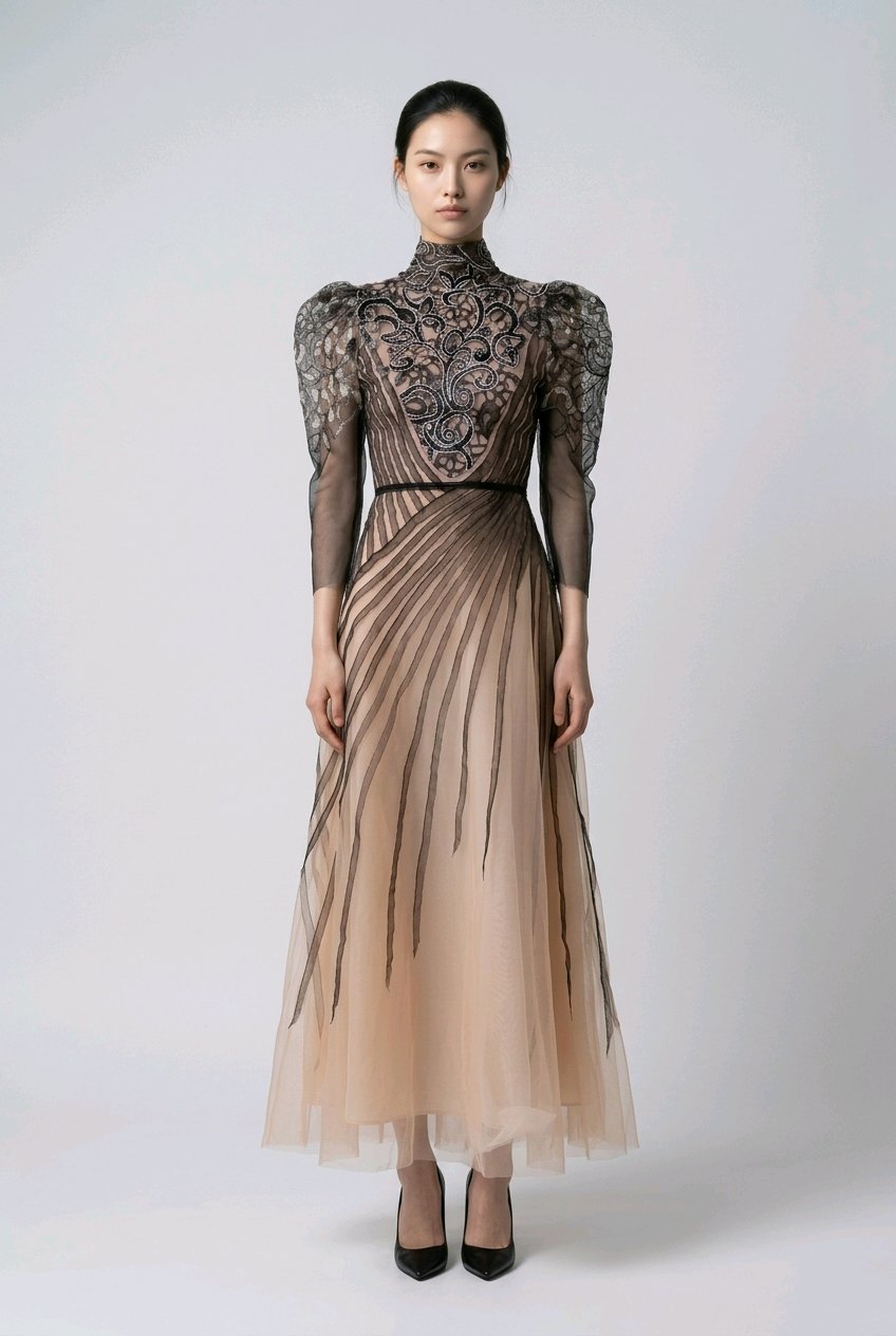 Woman wearing a long, elegant dress with intricate detailing.