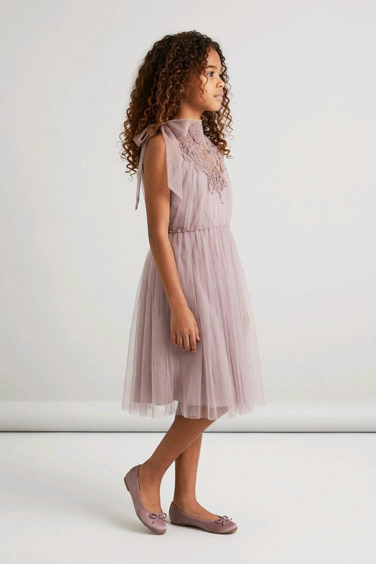 A young girl is shown in profile wearing a sleeveless dusty pink tulle dress with lace detailing on the bodice and matching pink flats.