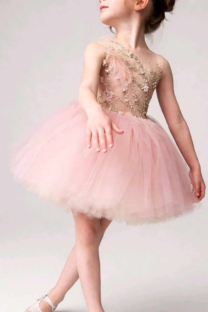A young girl wearing a one-shoulder pink tulle dress with a beaded gold bodice.