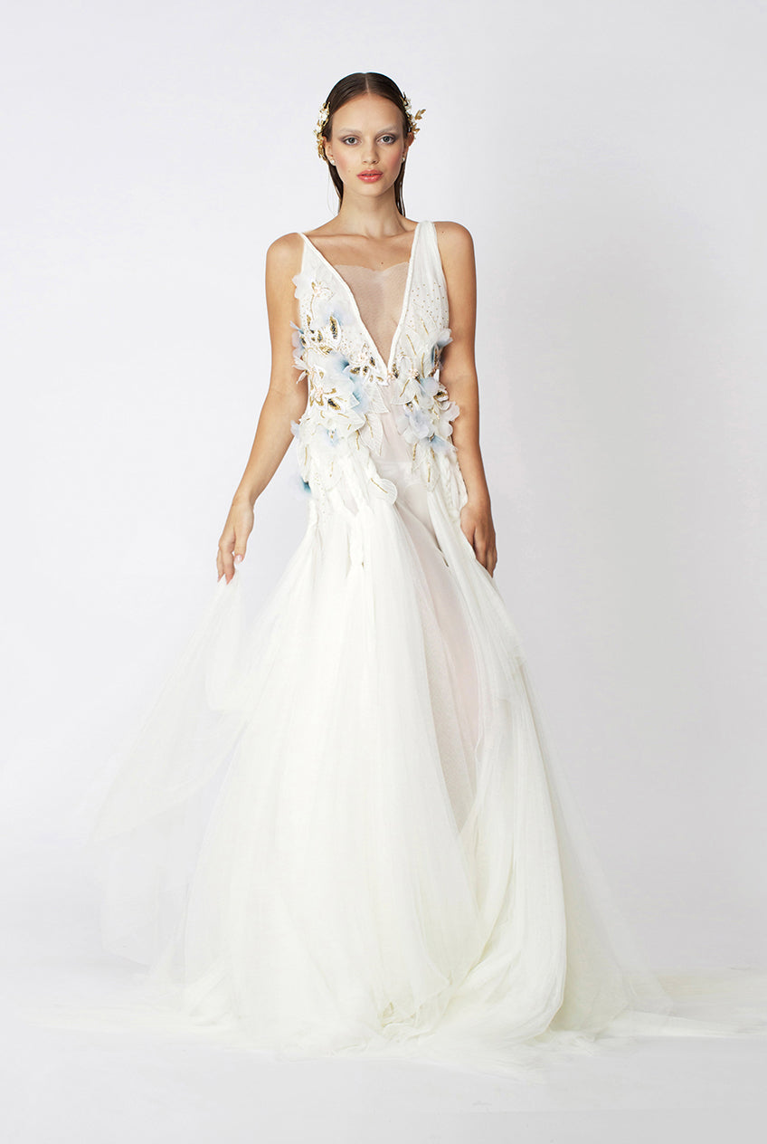 White wedding dress with floral details.