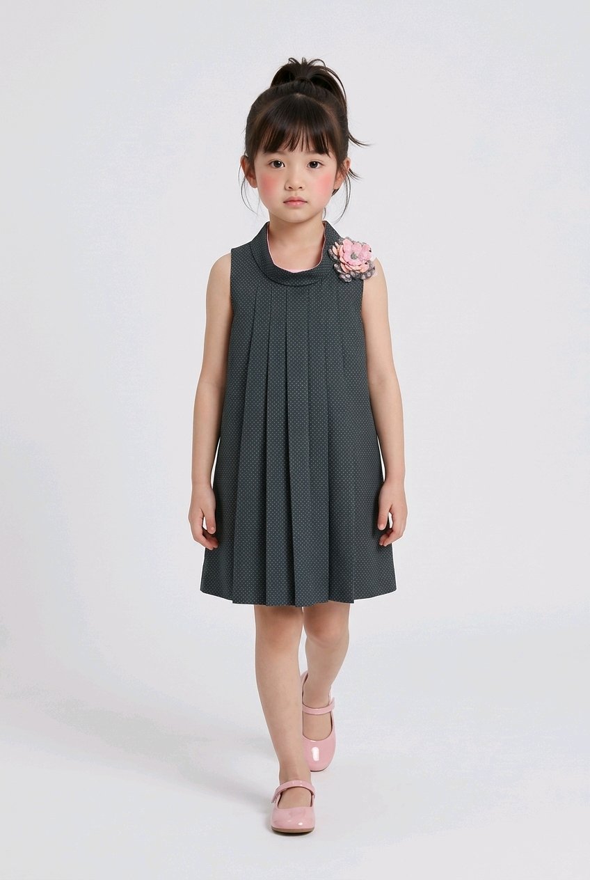 A young girl wearing a sleeveless dark gray pleated dress with a pink fabric flower accessory on the shoulder.