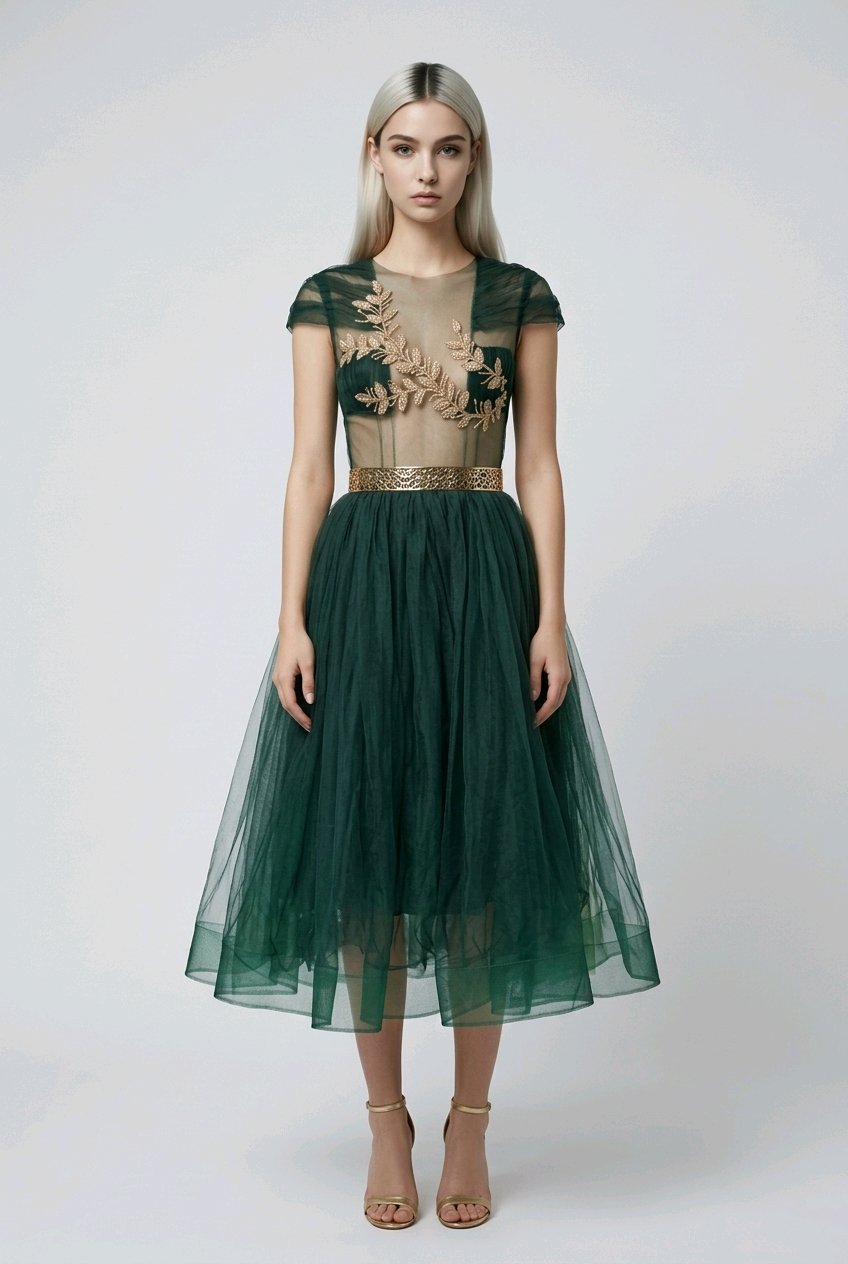 Woman wearing a green dress with floral embroidery.