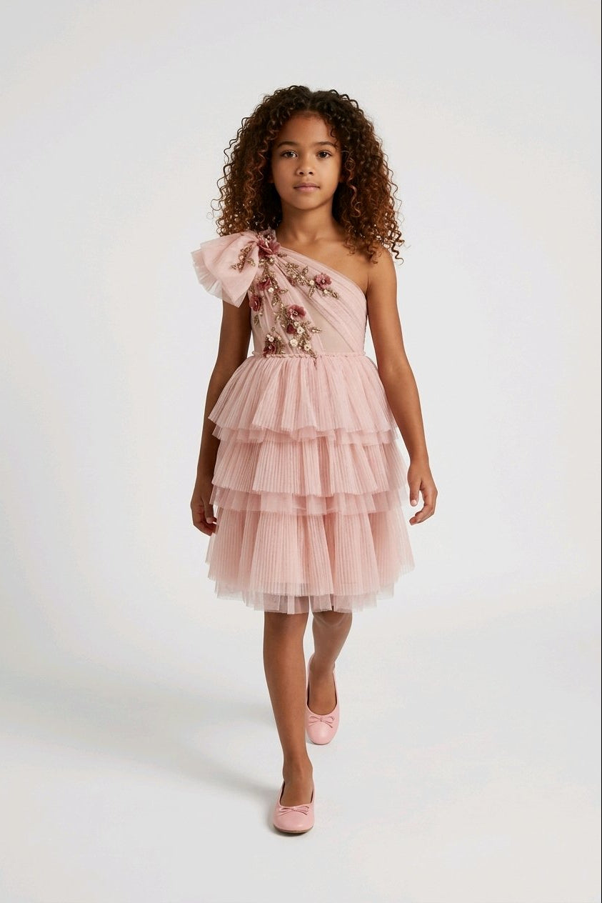 A young girl wearing a light pink one-shoulder tulle dress with floral embroidery on the bodice and a tiered skirt.