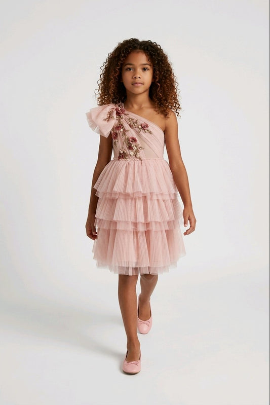 A young girl wearing a light pink one-shoulder tulle dress with floral embroidery on the bodice and a tiered skirt.