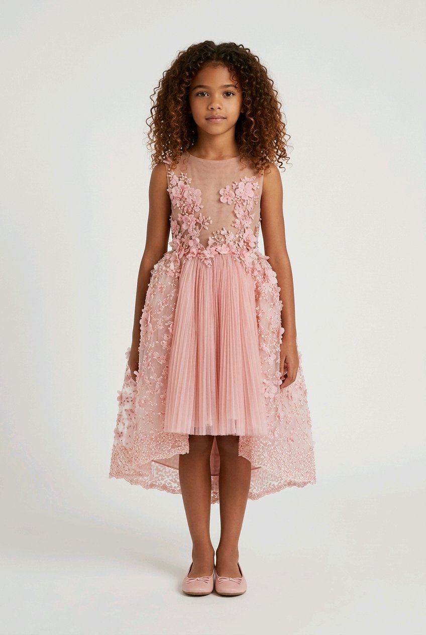 Young girl wearing a pink floral dress.