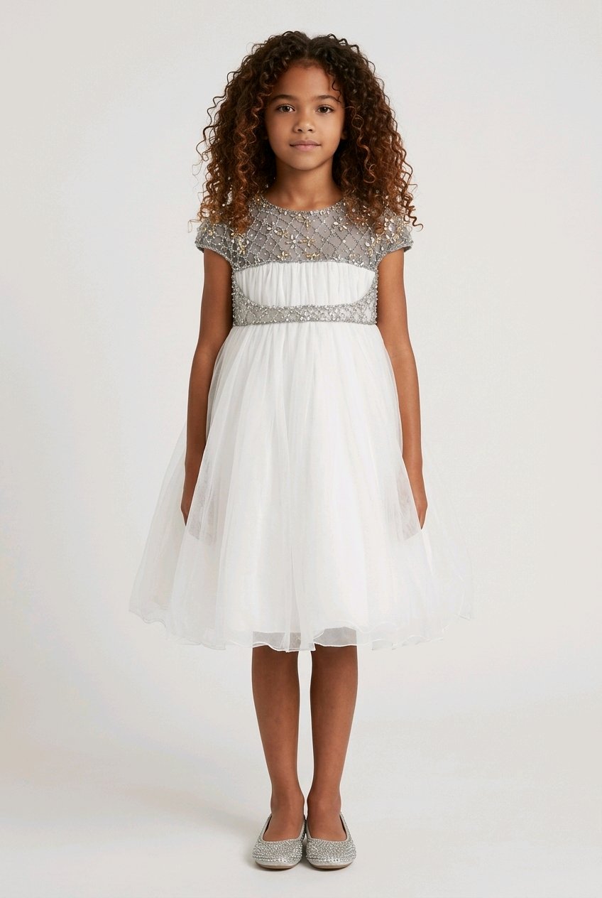 Young girl wearing a white dress with a silver embellished bodice.