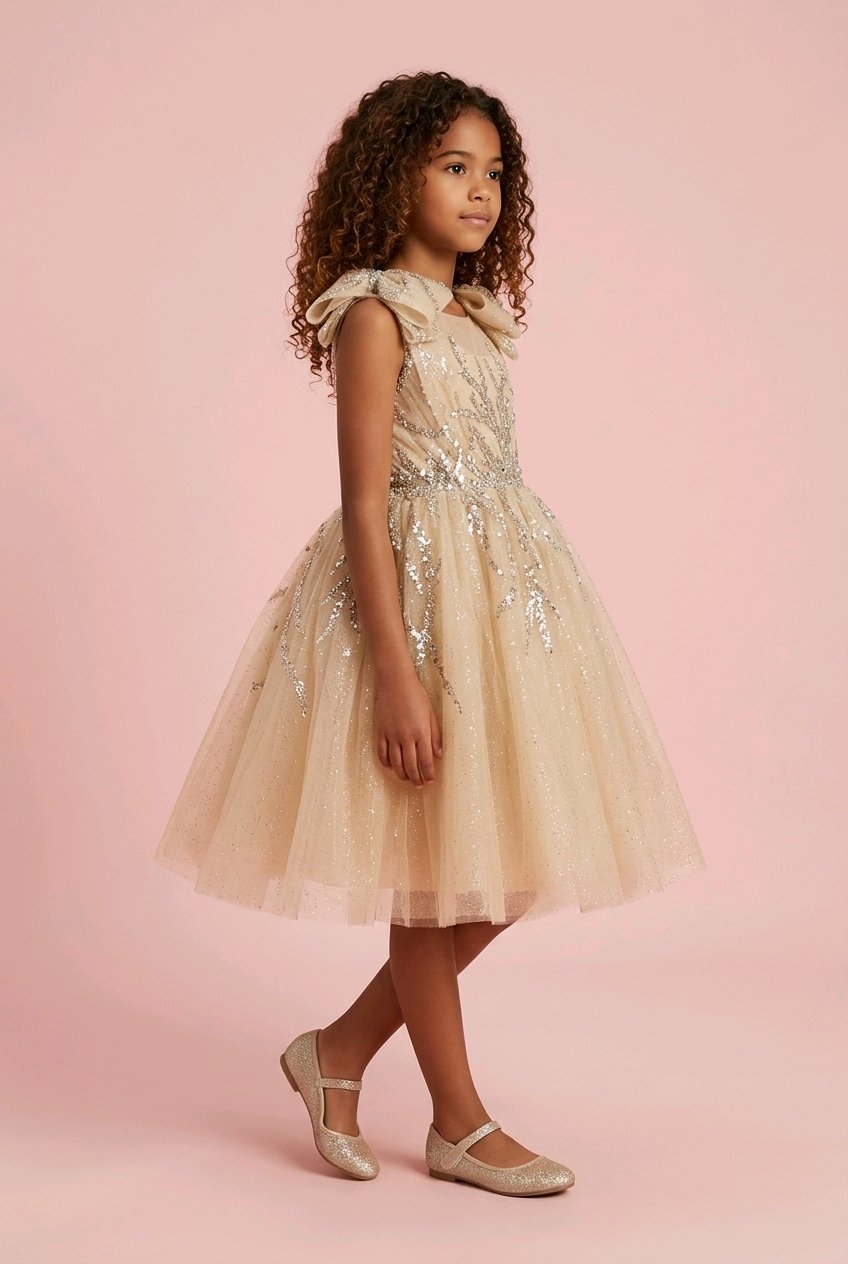 A sleeveless champagne tulle dress with bows on the shoulders and silver sequined embellishments.