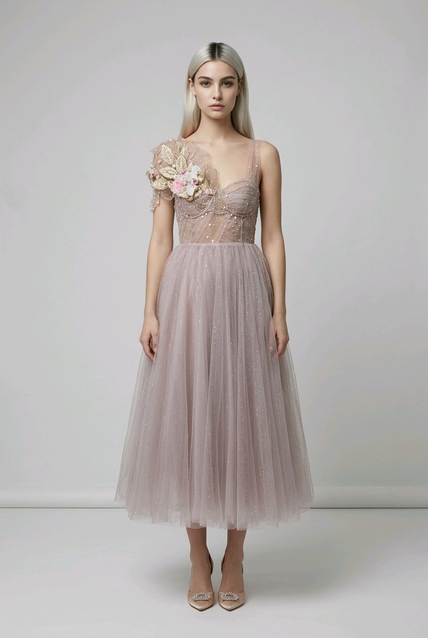Woman wearing a light purple dress with floral details.