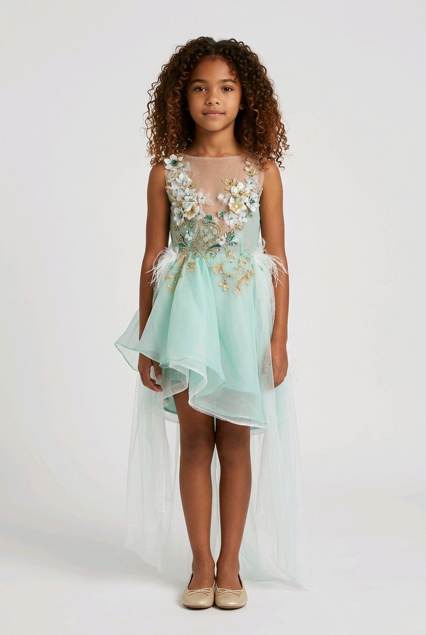 Young girl wearing a light blue floral dress.