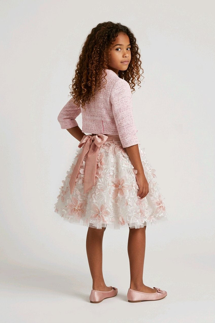 White floral Skirt with a Coral PInk bow on the back.