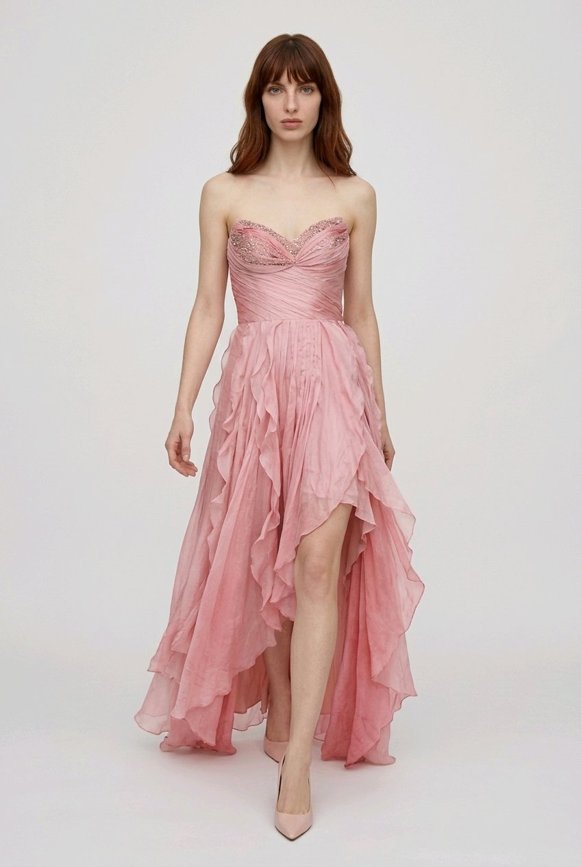 Woman wearing a pink strapless gown with a high-low hem.